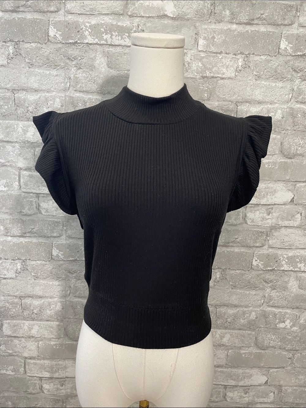 Storia Black Ribbed Mock Neck Flutter Sleeve Top